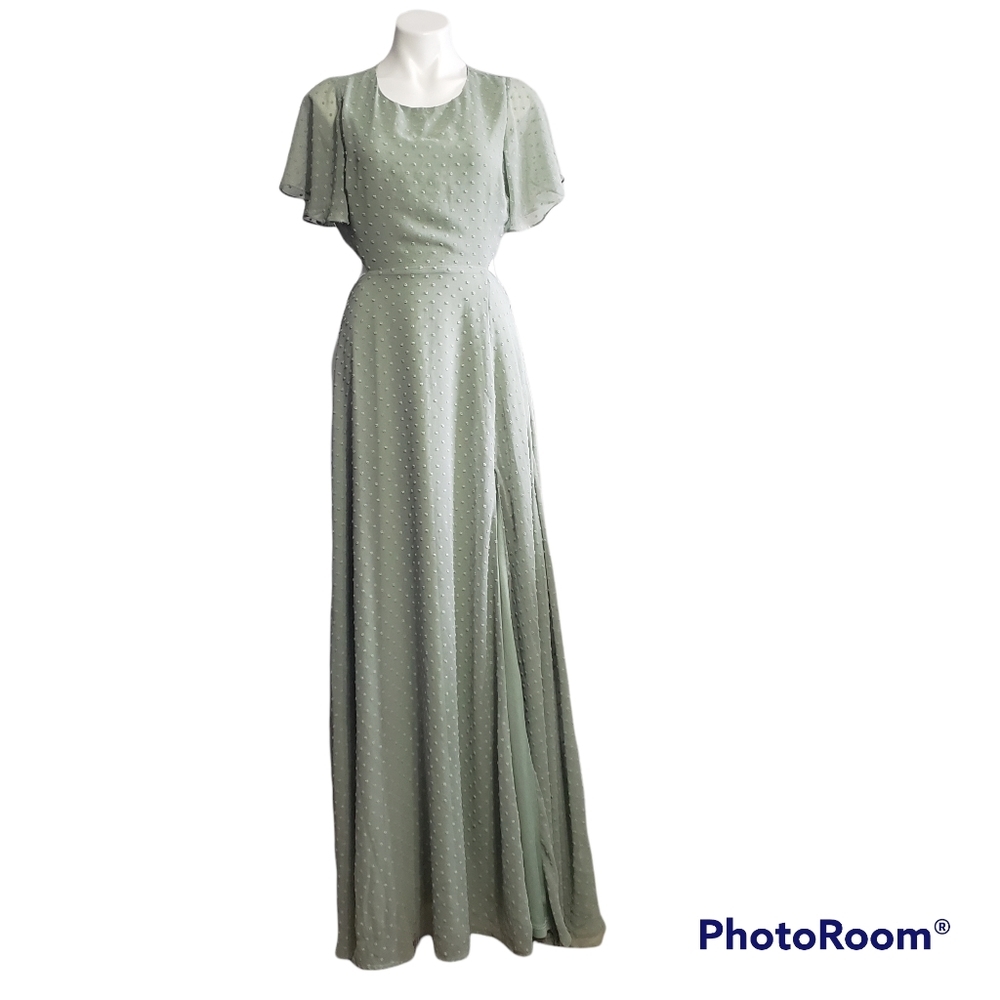 Lulus sage Swiss dot cut out back maxi dress